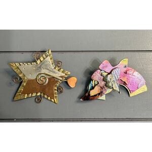 Vintage Artisan Style Abstract Angel & Star Brooch Lot Mixed Metal Enamel